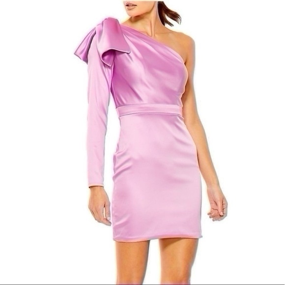 Mac Duggal Ieena Satin One-Sleeve Minidress Orchid - Picture 6 of 14